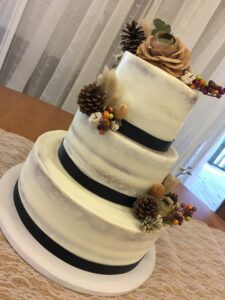 rough iced cake with flowers and pine cones